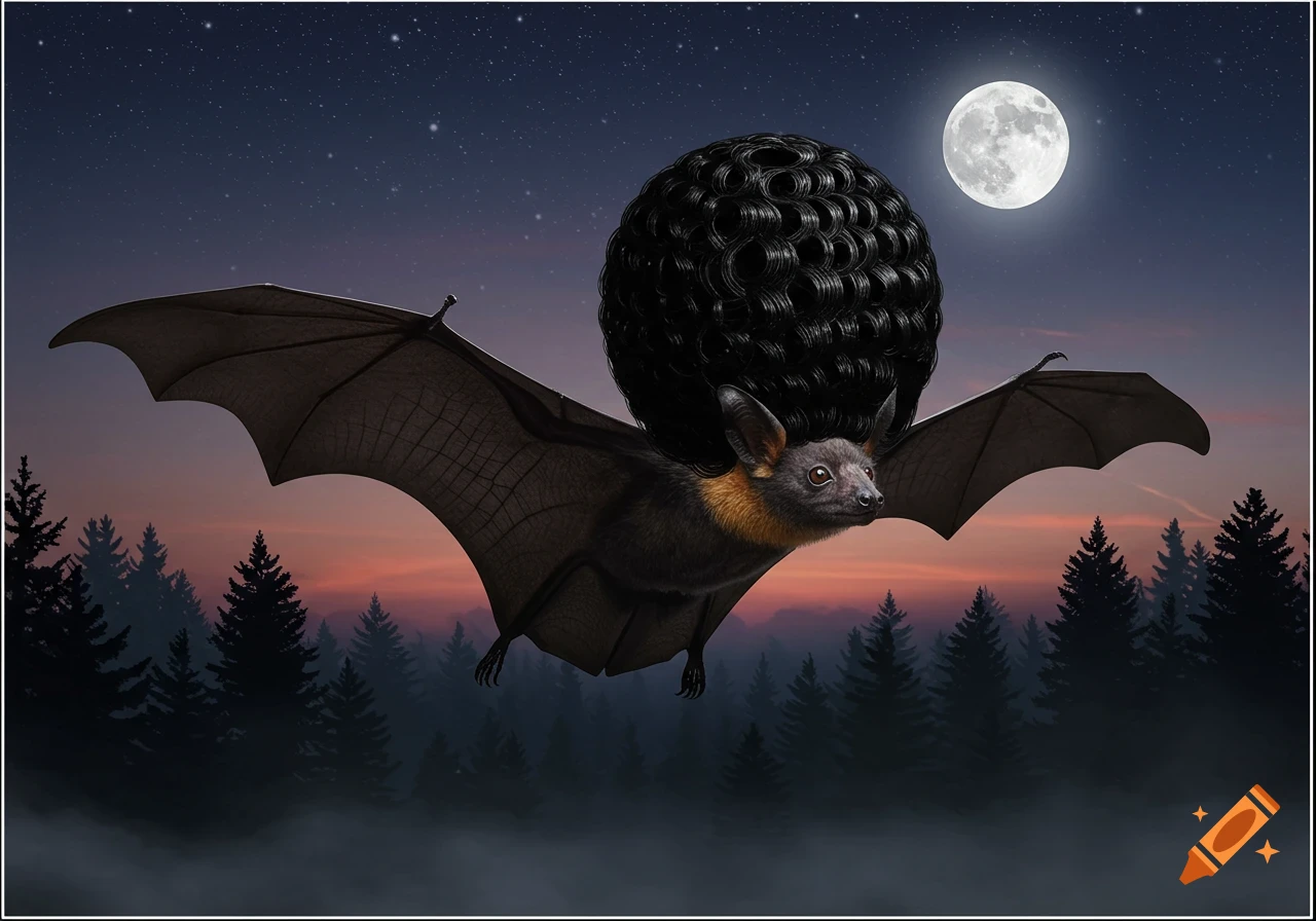A bat with a large black beehive hairdo flies under a full moon in a starry night sky over a misty forest.