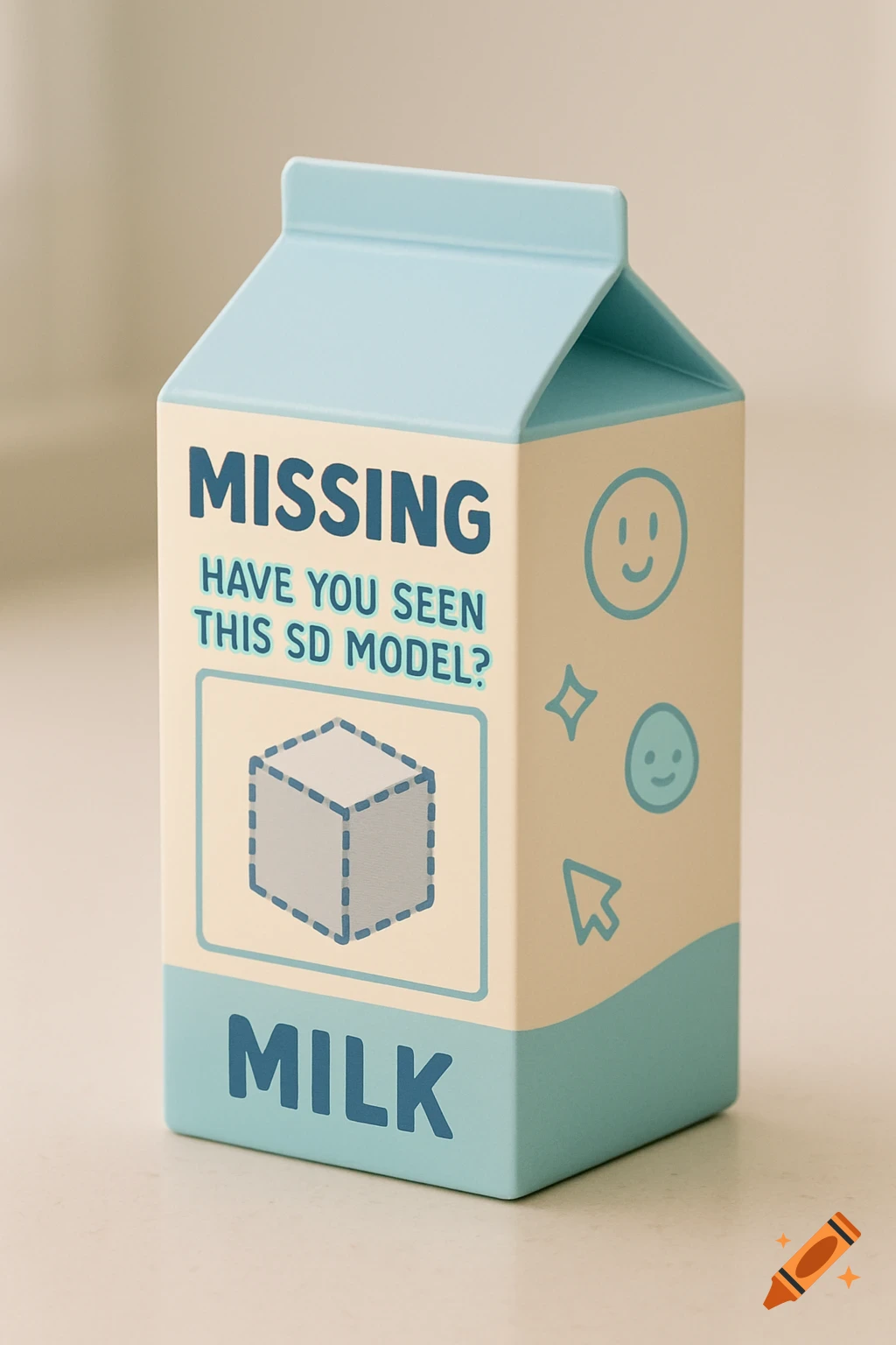 A minimalist light blue and cream milk carton with 'Missing Have You Seen This SD Model?' text and a wireframe cube on the front.