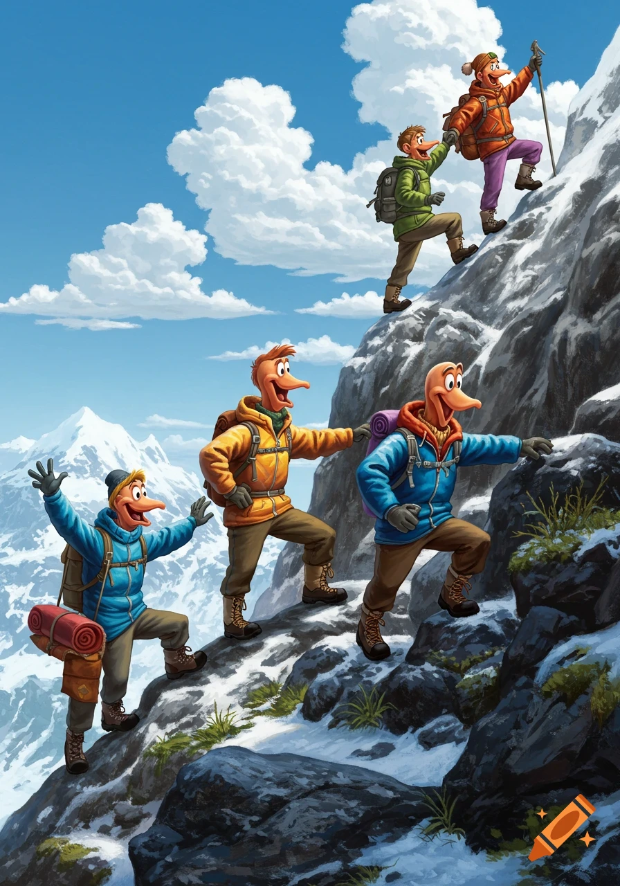 Five cartoon characters with duck-like noses, wearing winter gear and backpacks, hike up a snowy mountain under a blue sky.