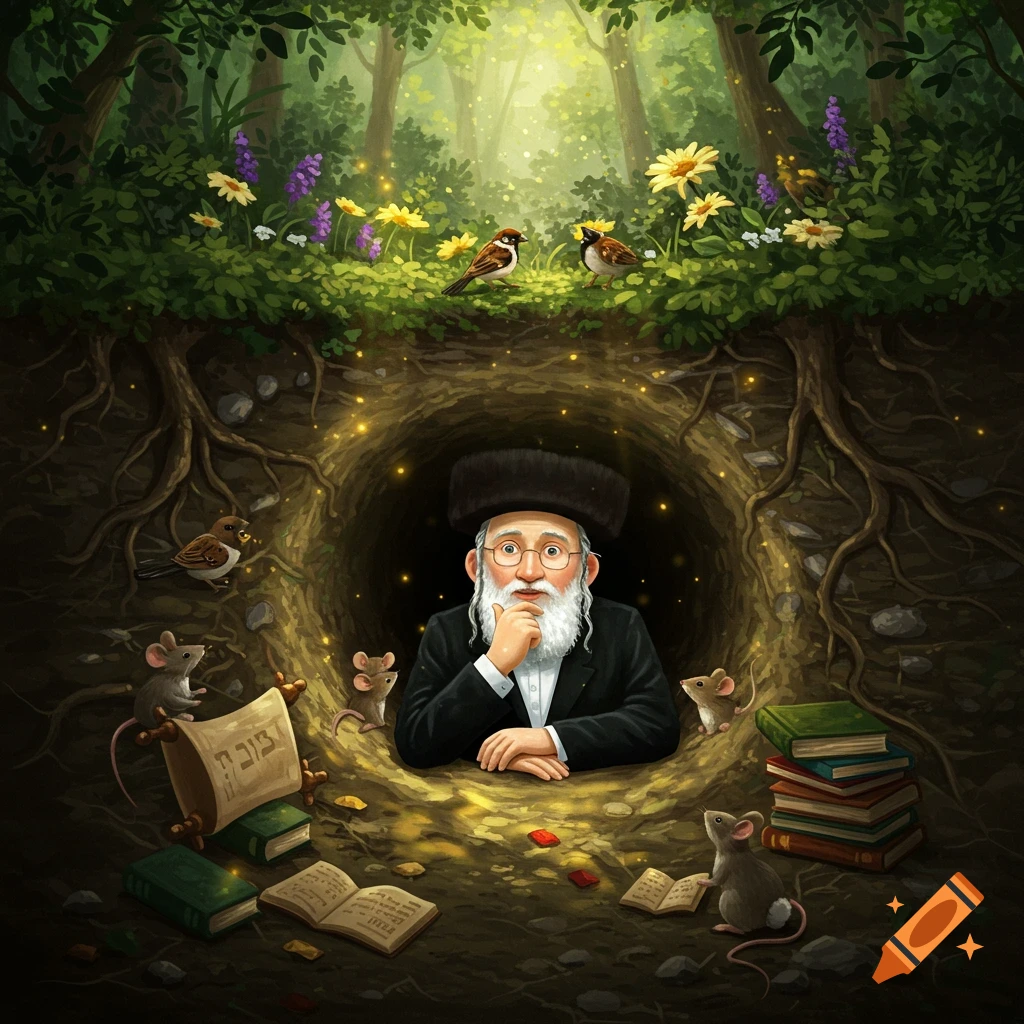 A cartoon rabbi with a white beard sits in a glowing burrow, surrounded by mice, books, and a scroll, with a sunlit forest above.