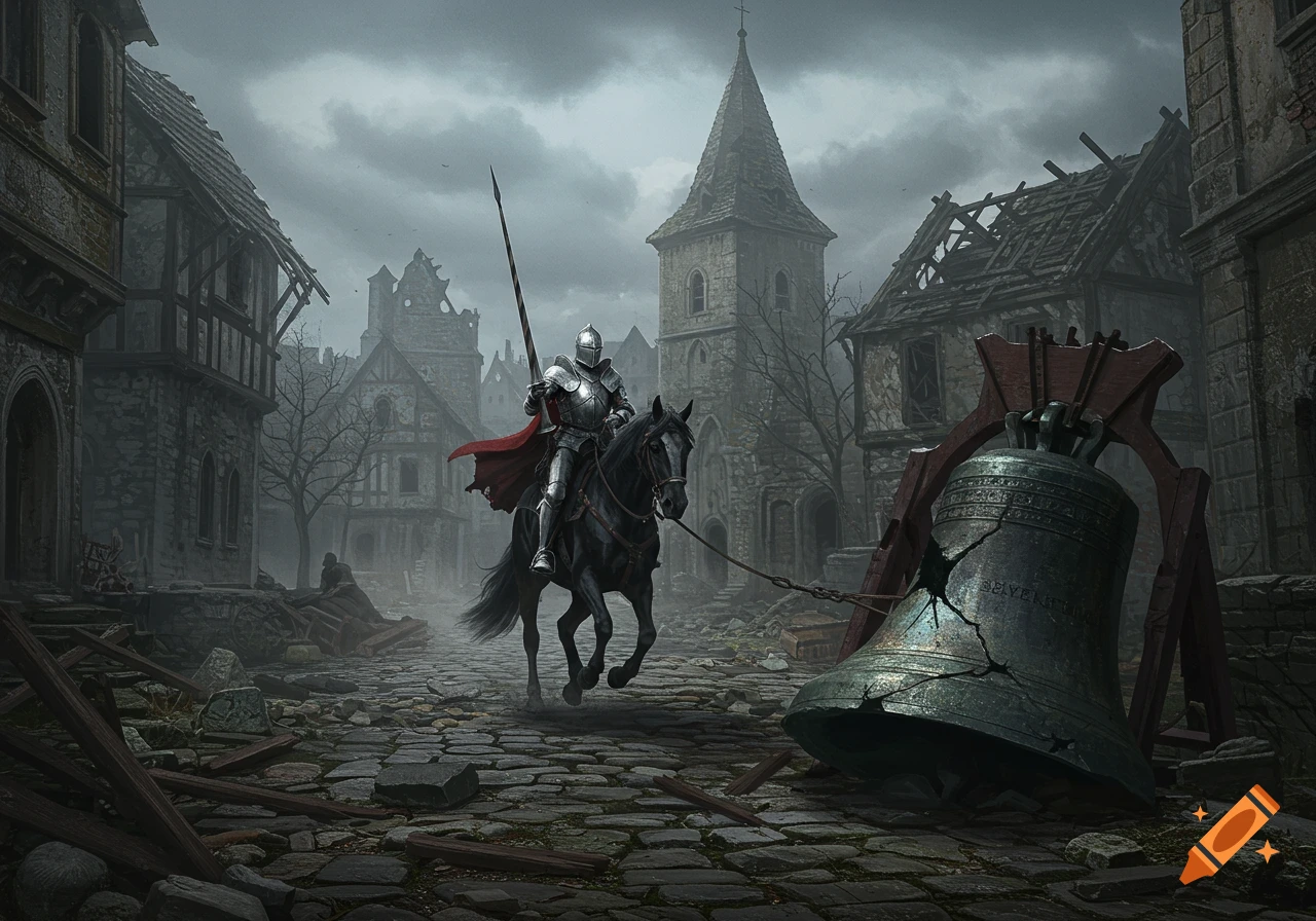 A knight in shining armor on a black horse rides through a desolate, ruined medieval town, dragging a large, shattered bell.