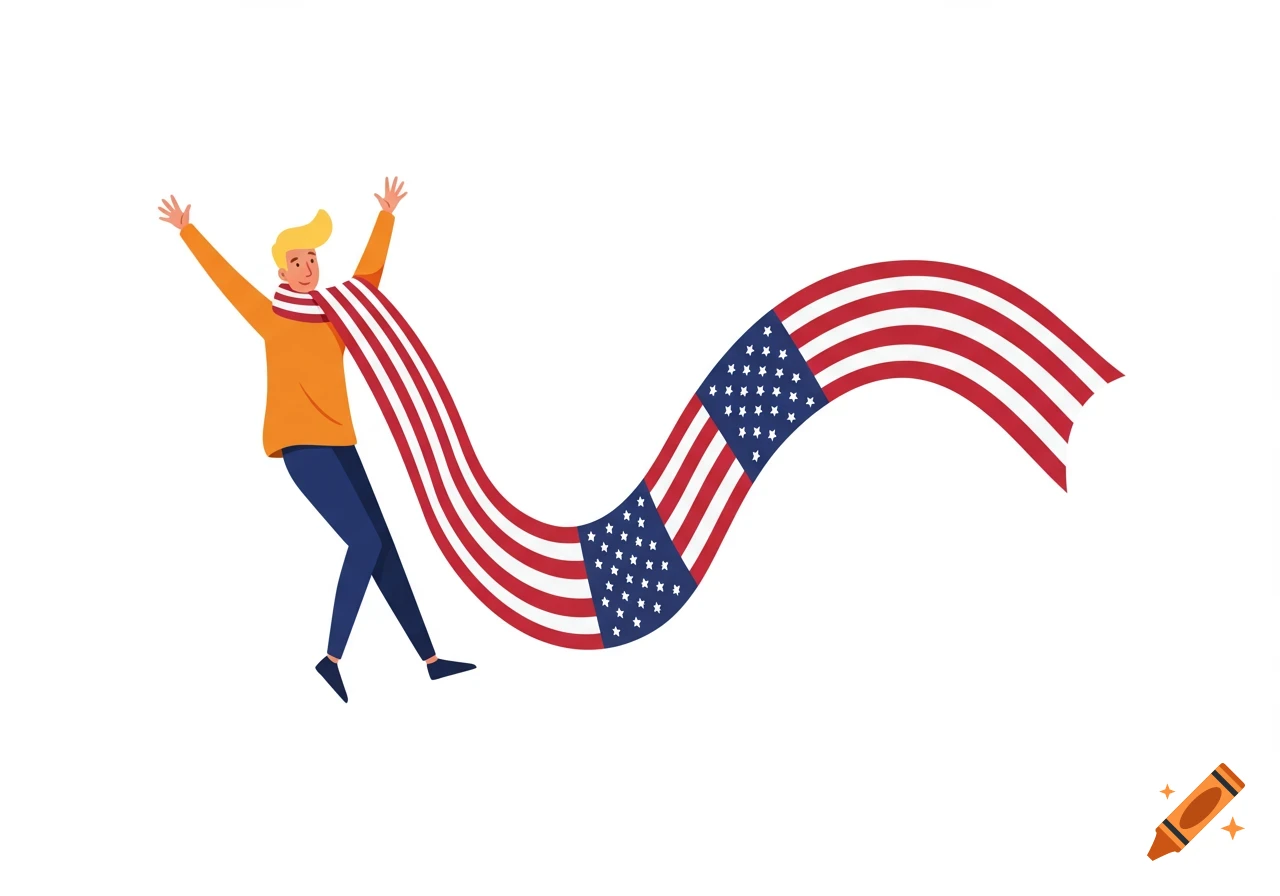 A blond person in an orange shirt with arms raised, wearing a long, wavy American flag scarf in a flat illustration style.