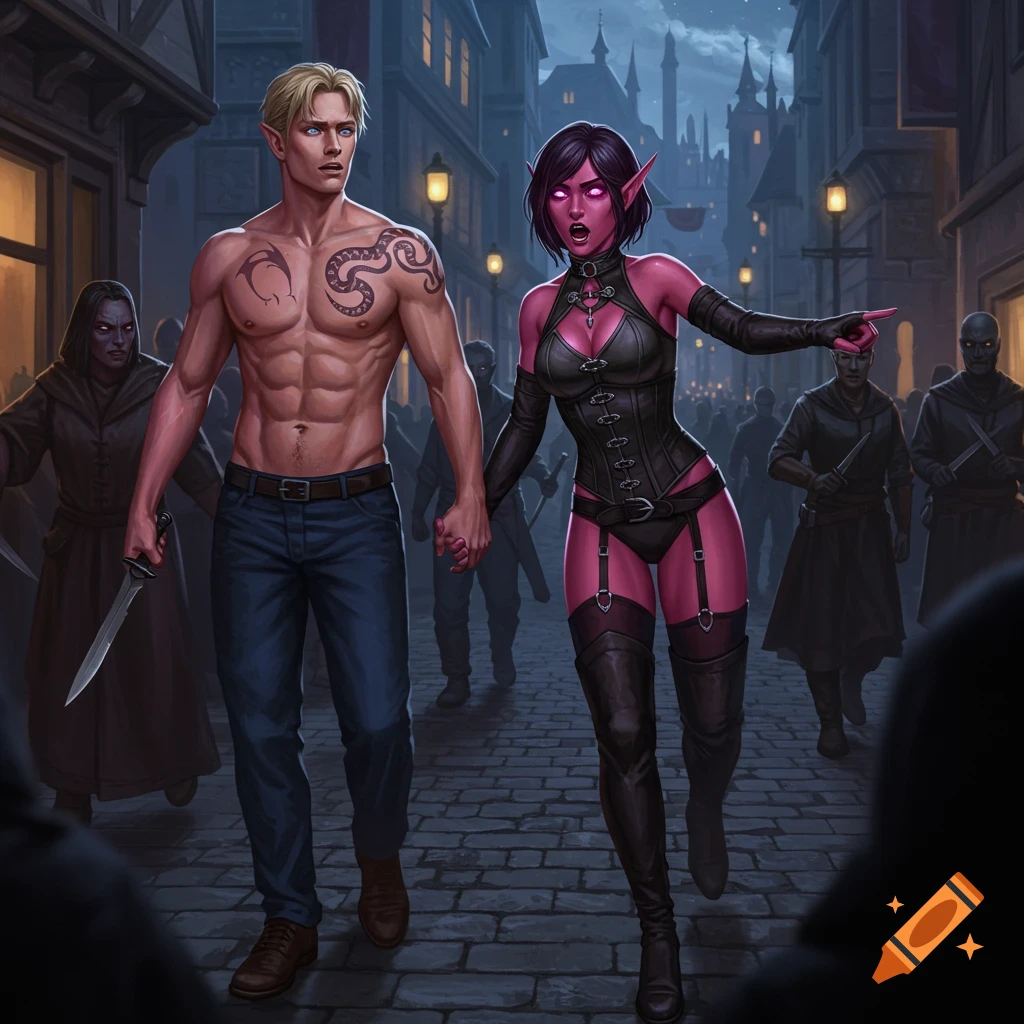 A shirtless blonde human male with a snake tattoo holds hands with a pink-skinned female elf in black attire, as she points and shouts a warning on a dark city street, with cloaked figures approaching in the background. Digital art.