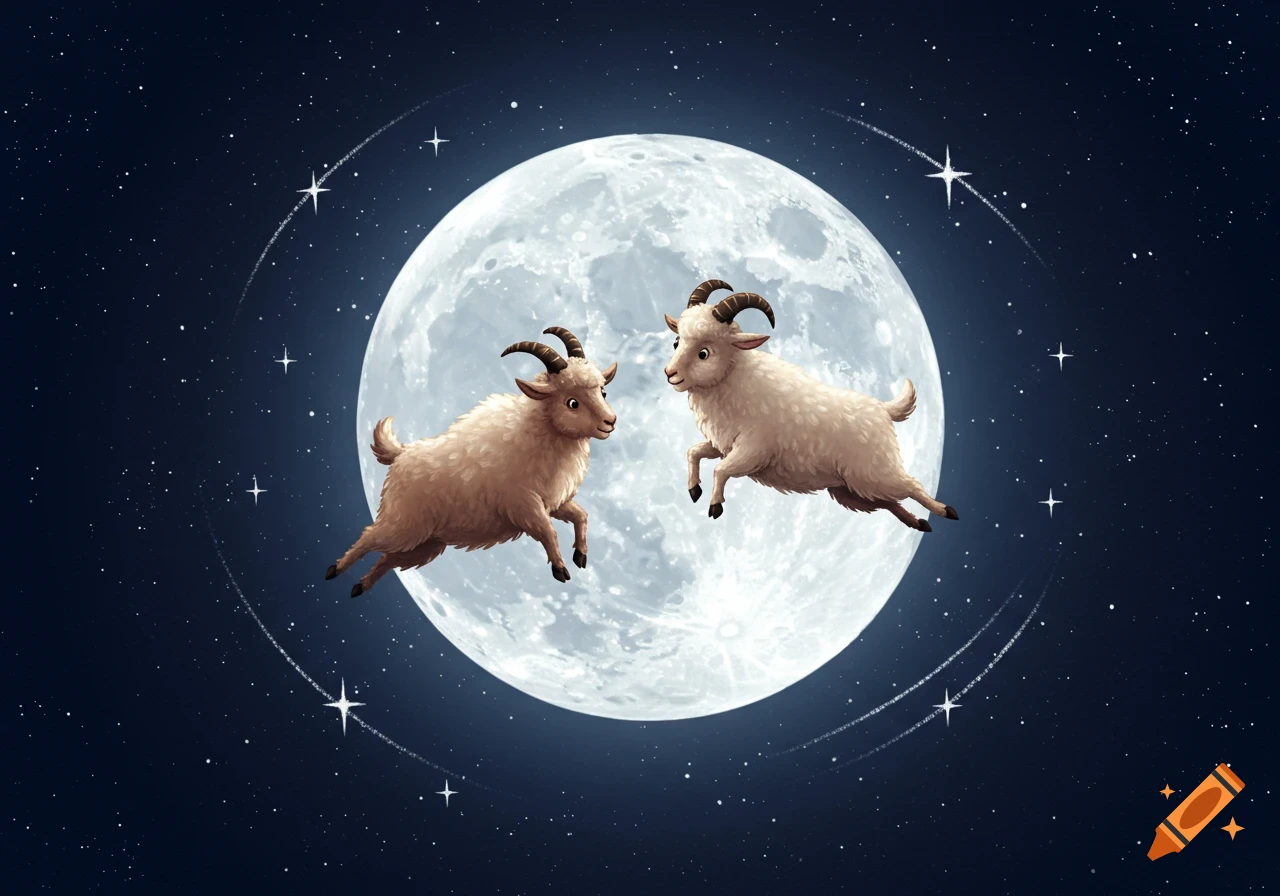 Two cartoon goats leap over a large full moon in a starry night sky, illustration.