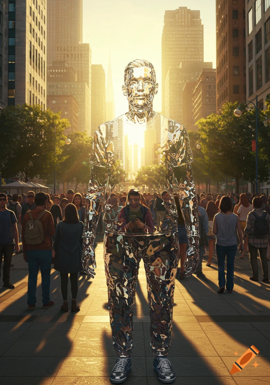 A photorealistic reflective man stands in a sunny city street with tall buildings and a crowd.