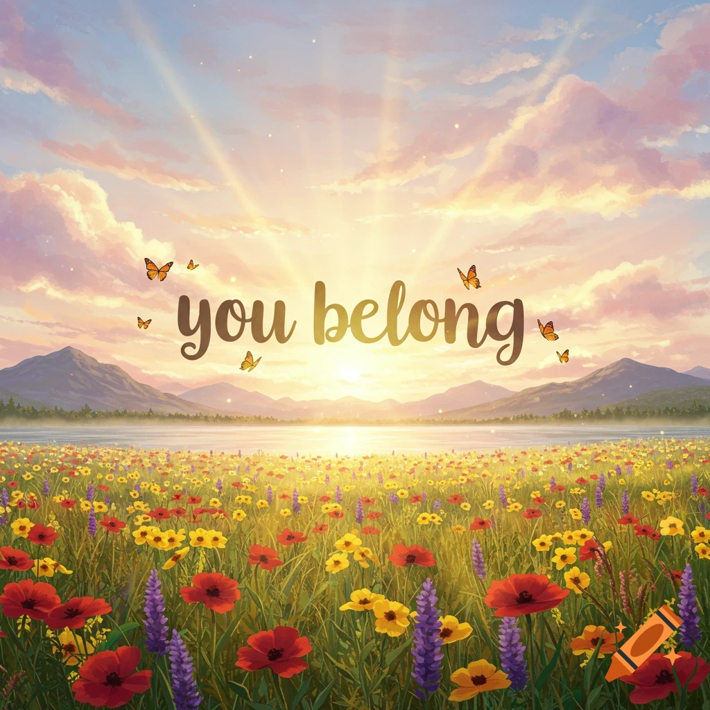Vibrant field of red, yellow, and purple flowers by a lake, mountains, sunset sky, butterflies, with 'you belong' text.