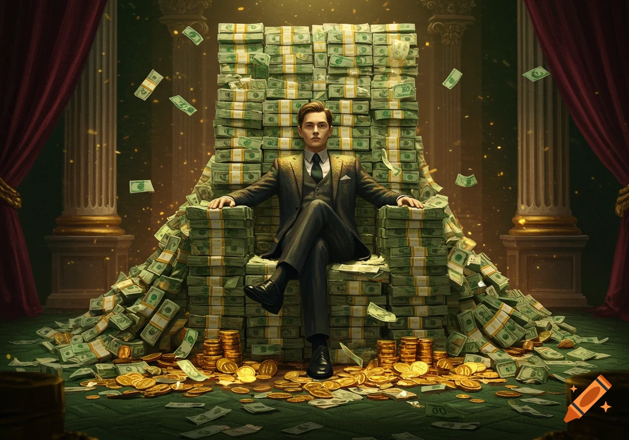 A man in a suit sits on a throne made of money, surrounded by piles of cash and gold coins in a luxurious room.