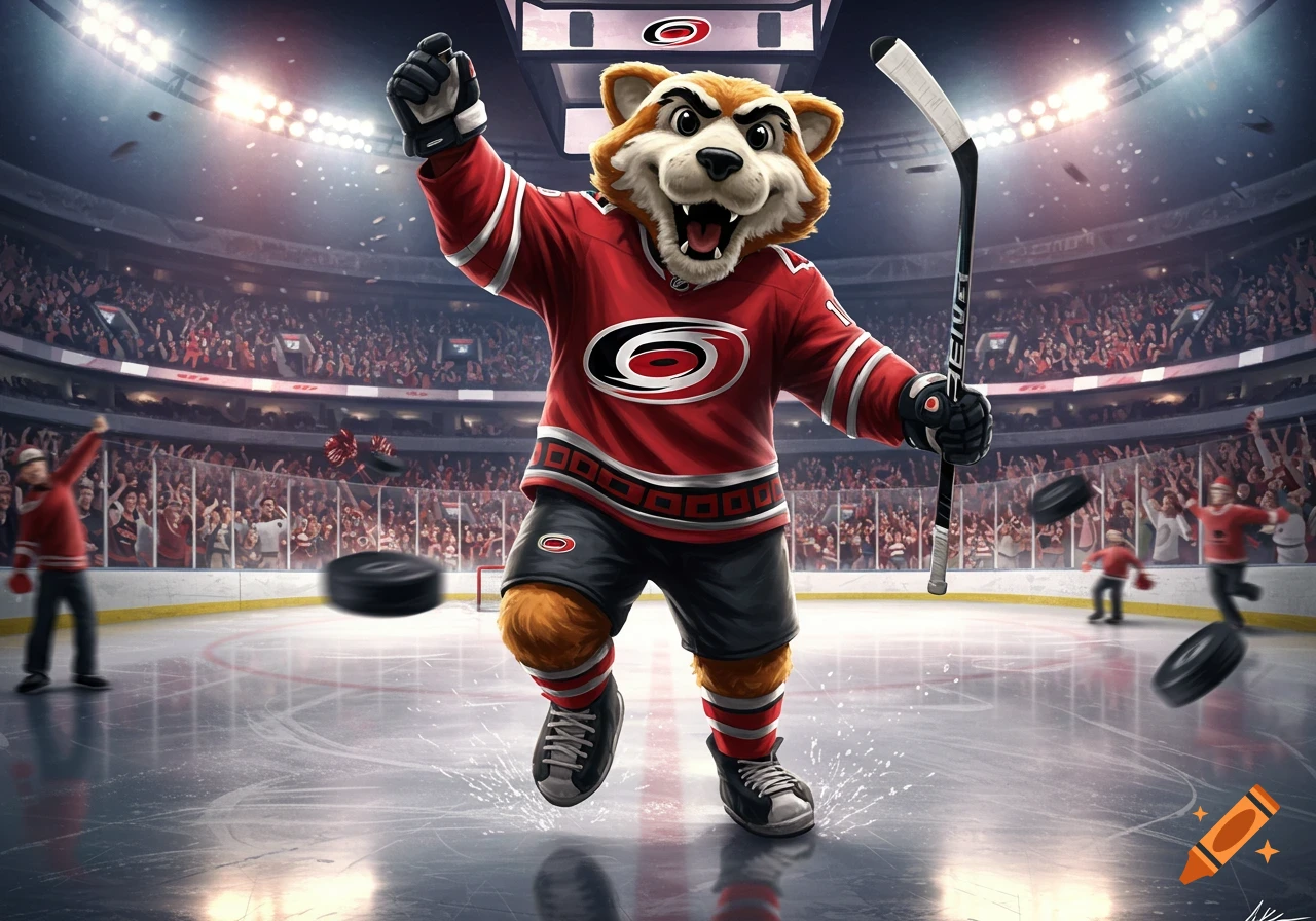 Stormy, the Carolina Hurricanes raccoon mascot, cheers on an ice rink in a packed hockey arena, holding a stick with flying pucks.
