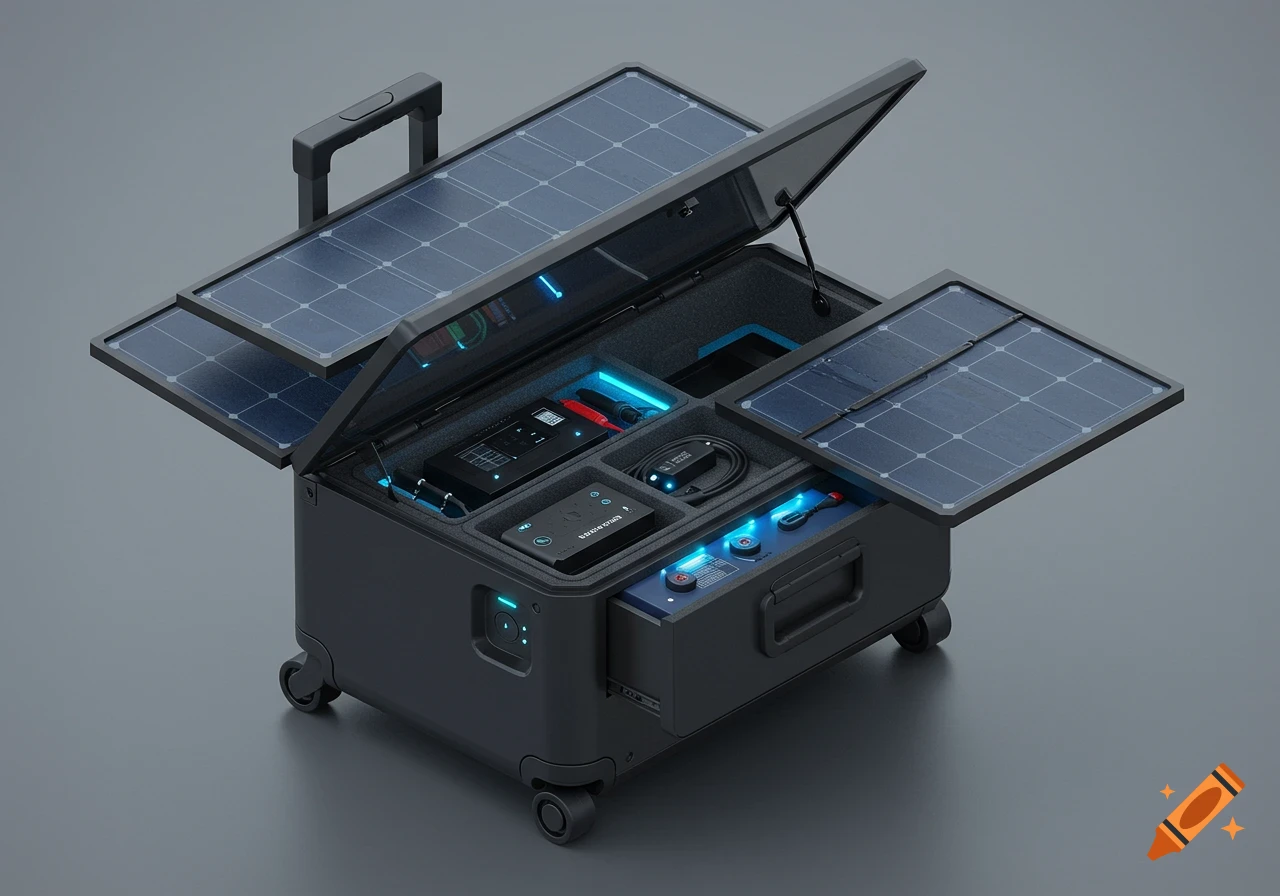 A modern, open black travel box on wheels, equipped with foldable solar panels, internal battery compartments, and blue LED lights.
