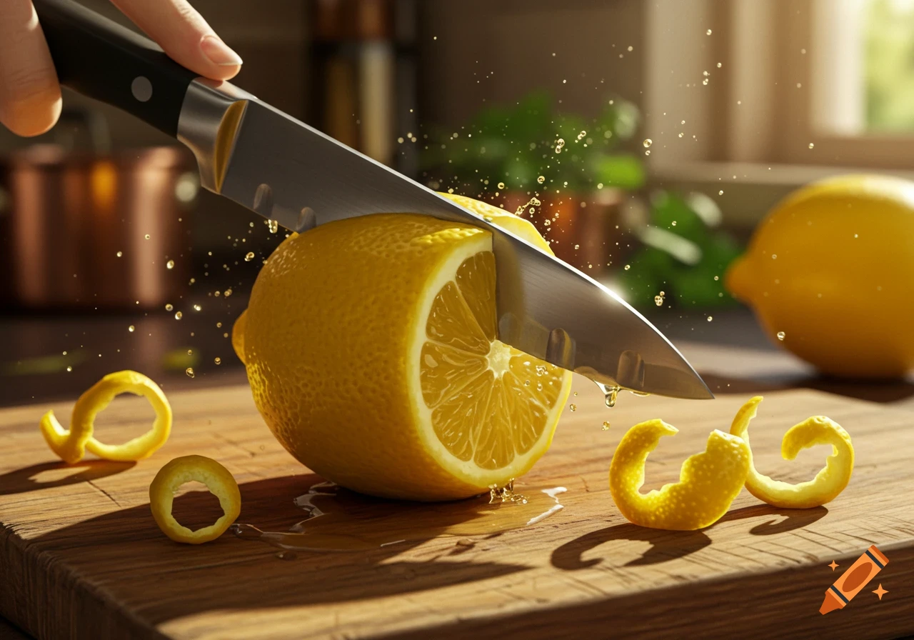 A hand slicing a fresh lemon with a knife on a wooden cutting board, with zest curls and juice droplets.