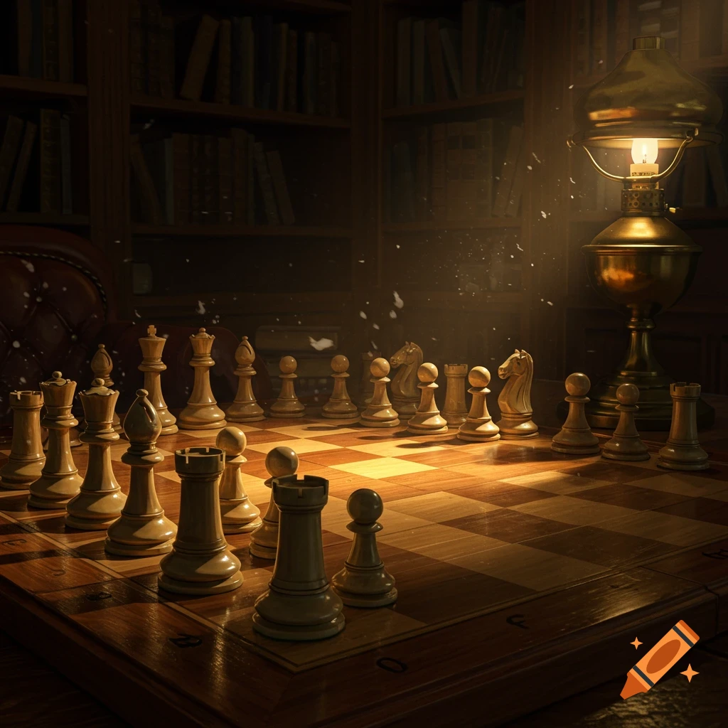 A wooden chessboard with light-colored chess pieces is illuminated by a glowing lantern in a dimly lit, dark wood library.