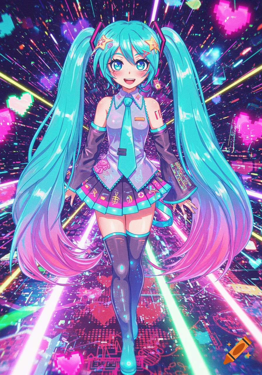 Full-body anime character Hatsune Miku in a neon outfit with teal-pink pigtails, against a vibrant pixelated cyber background.