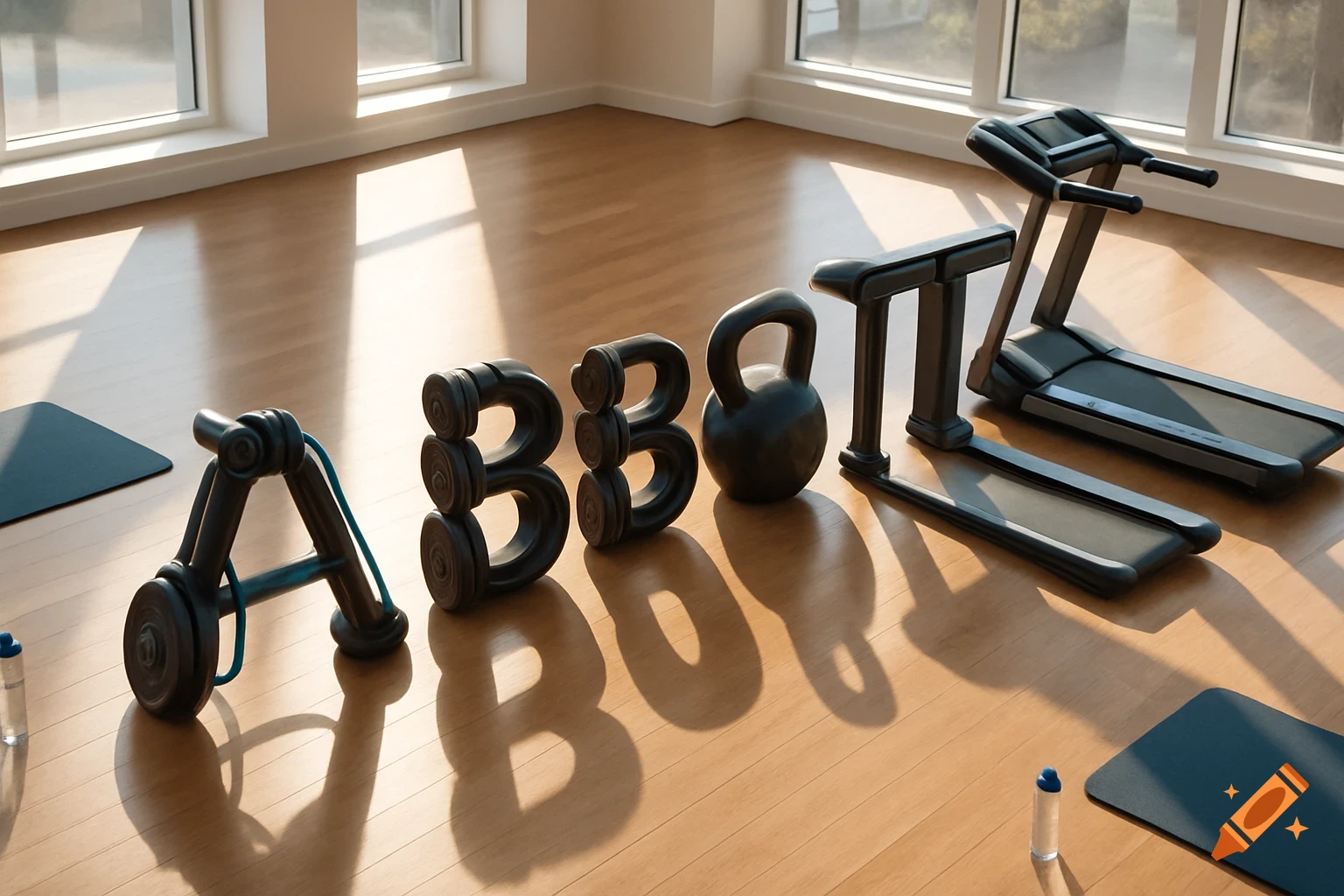 The word ABBOTT formed by gym equipment like an ab roller, weights, a kettlebell, and a treadmill in a sunlit room.