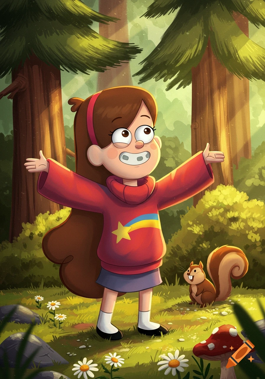 Cartoon illustration of Mabel Pines in a red sweater, arms open, in a sunny forest with a squirrel.