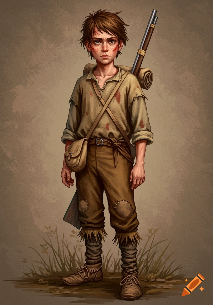An illustration of a lean frontier boy with shaggy brown hair and a scar, wearing dirty homespun clothes, carrying a rifle and a hunting bag.