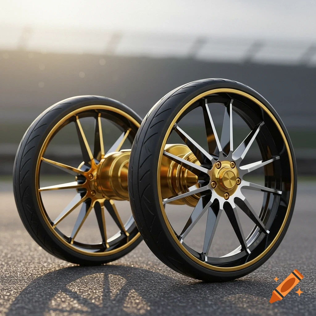 Two shiny, black and silver wheels with gold hubs, set on an asphalt ground with a blurred background at sunset.