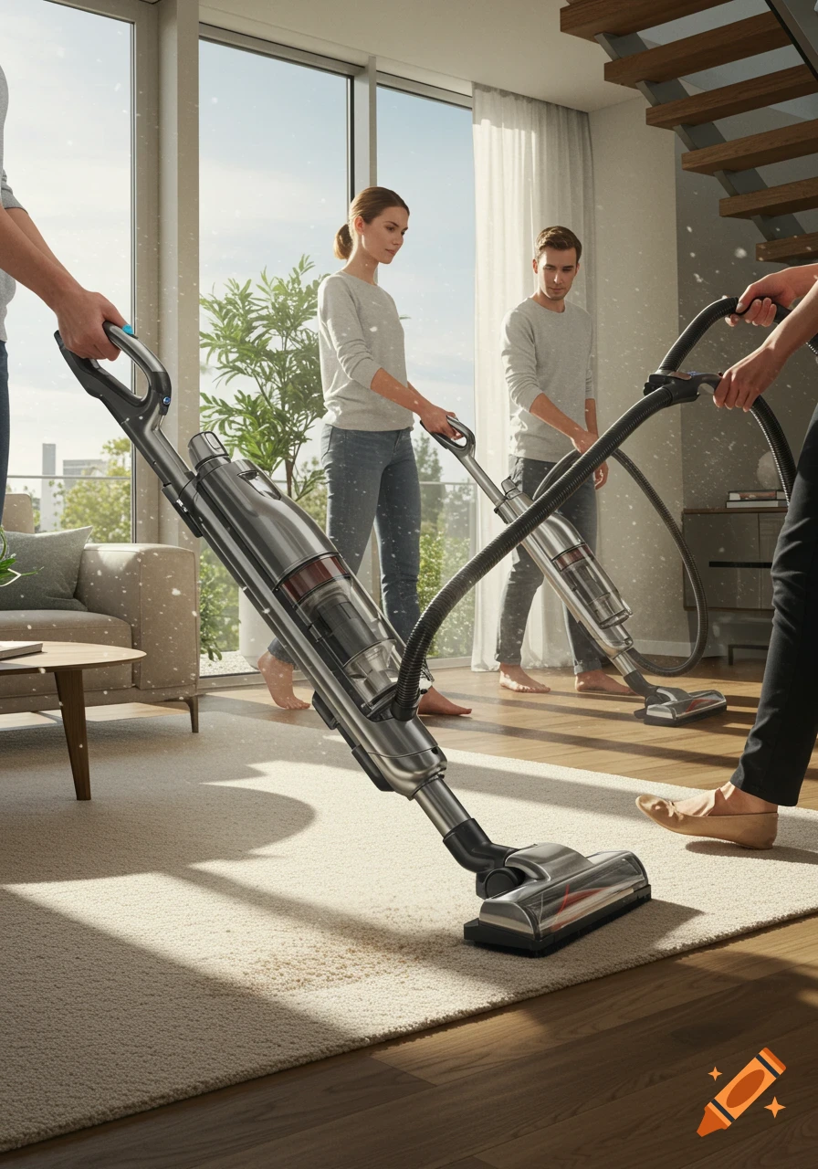 Three people clean a modern living room using stick vacuums, with dust particles visible in the air, photorealistic.