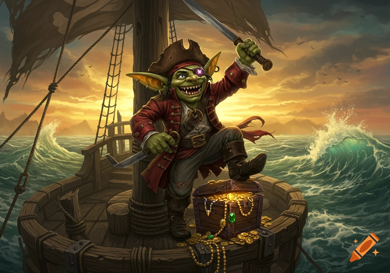 A grinning goblin pirate with an eye patch, holding a sword and dagger, stands on a ship deck overflowing with treasure at sunset.