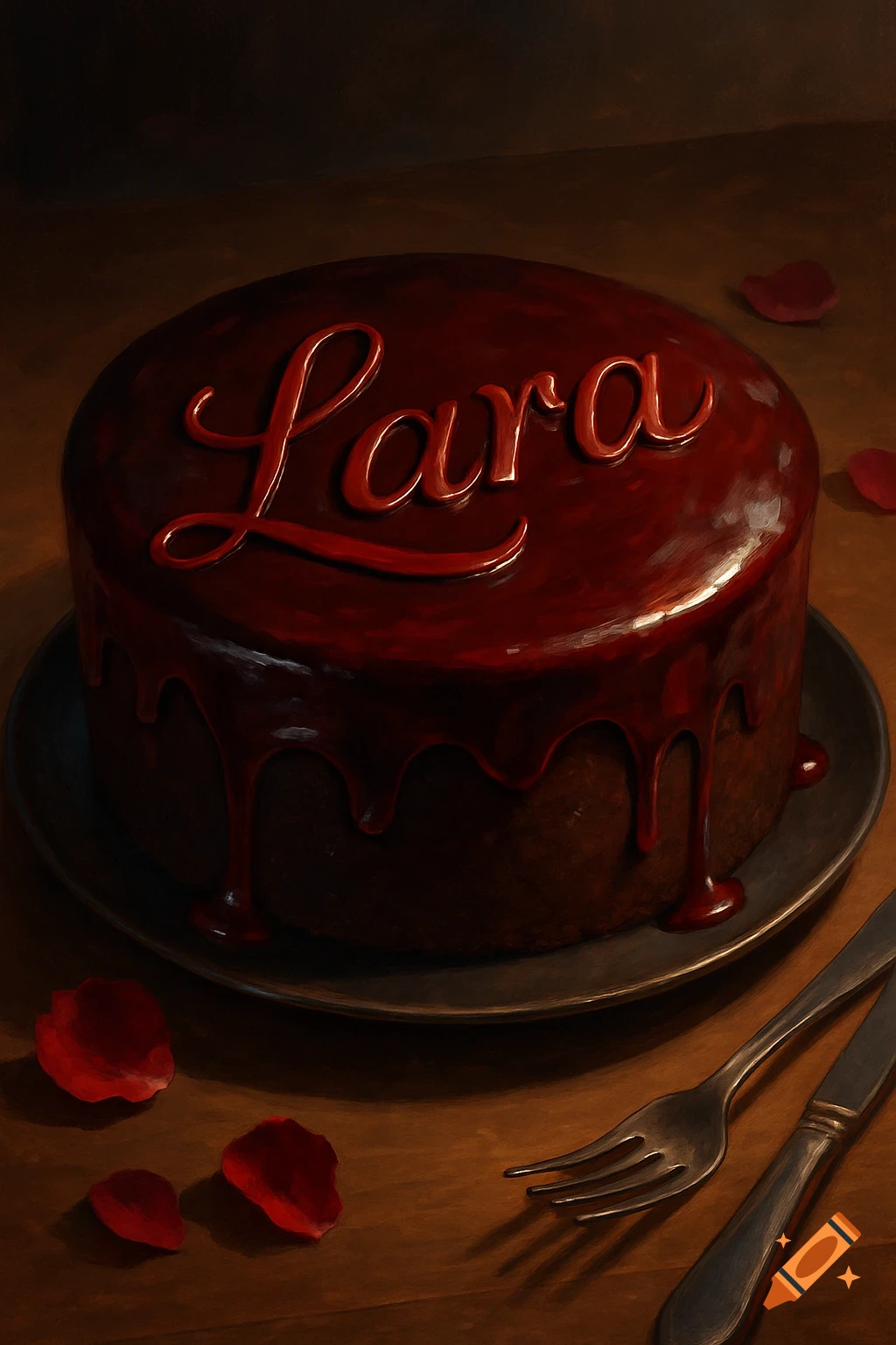 Photorealistic chocolate cake with red icing, 'Lara' written on top, surrounded by rose petals and cutlery.