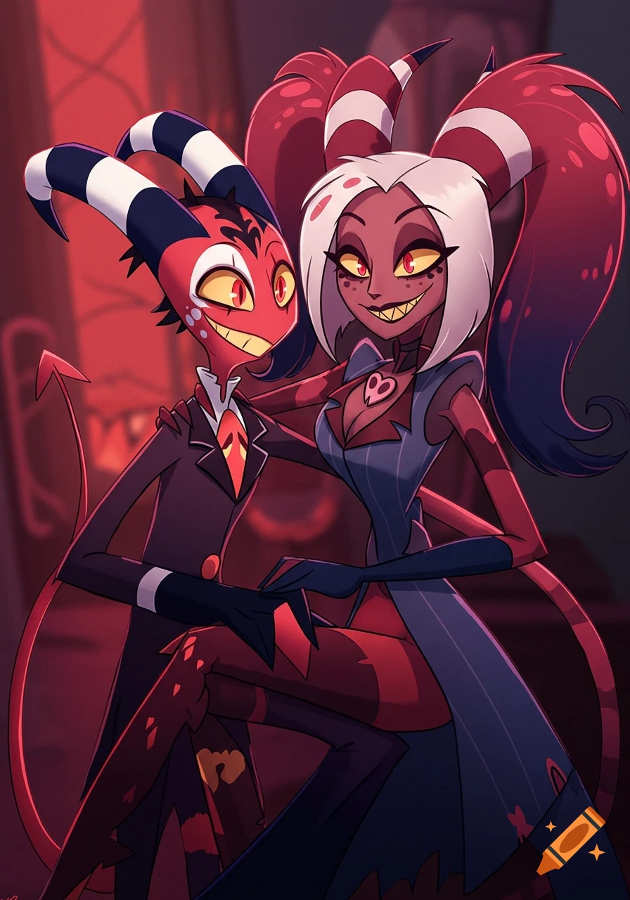 Two smiling demon characters, Blitzo and Velvette, are posed together in a dark red animated scene. Velvette sits on Blitzo's lap.