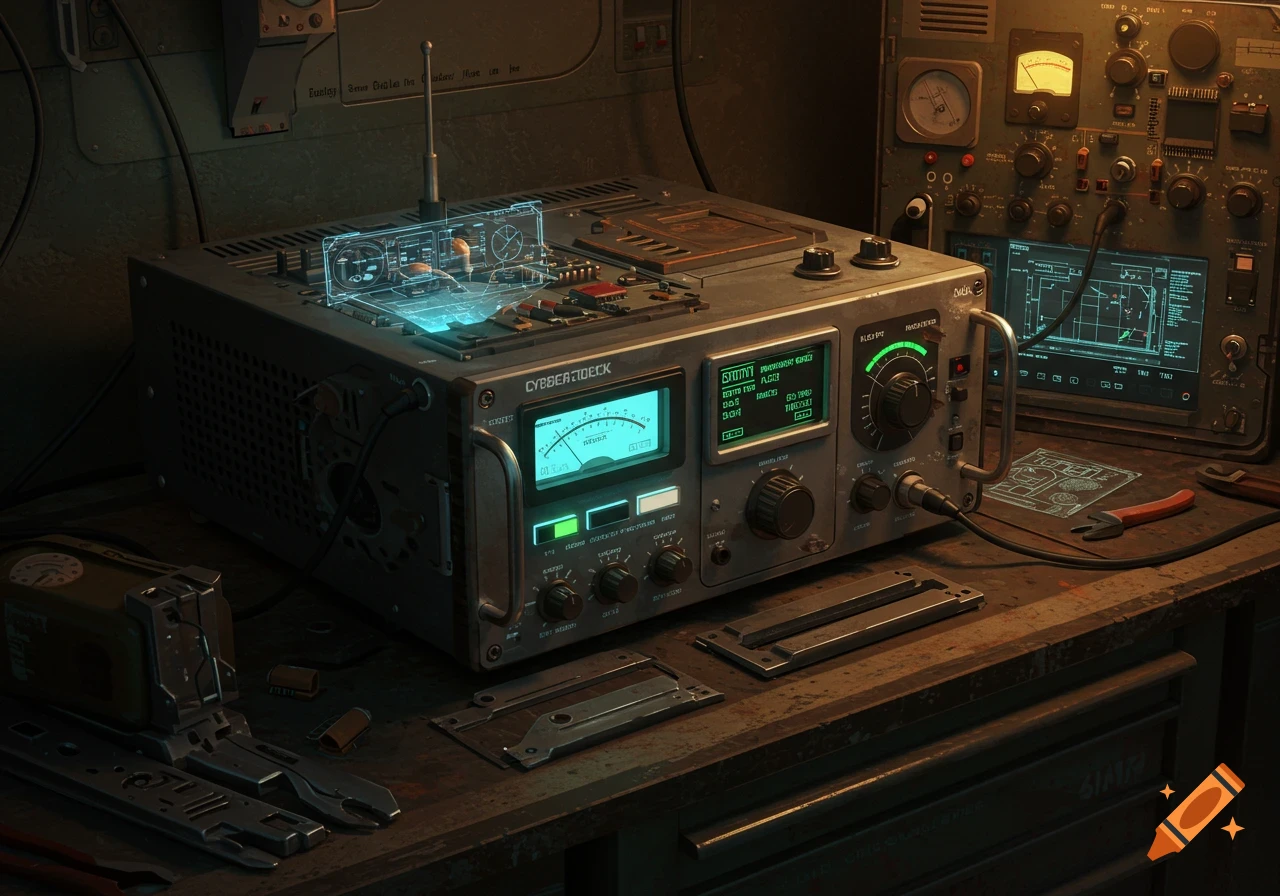 A retro-futuristic cyberdeck device resembling a ham radio, with glowing screens and holographic interfaces, on a cluttered workshop bench.
