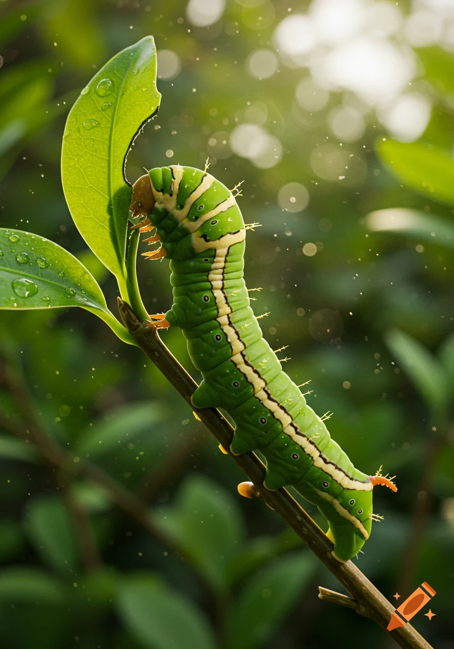 A detailed, close-up photograph of a vibrant green and yellow striped caterpillar eating a green leaf on a branch.