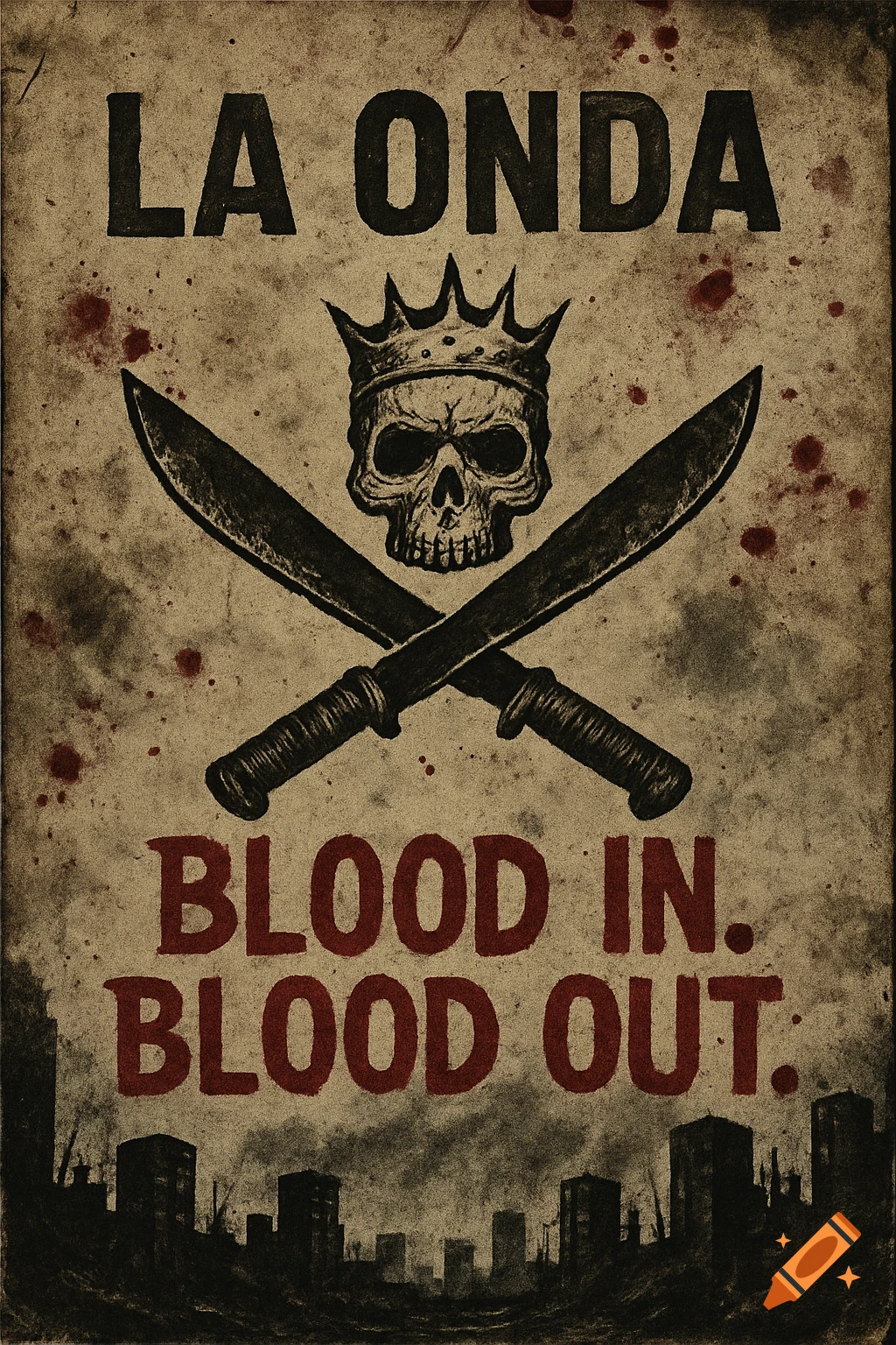 Gritty, worn flyer with a crowned skull, crossed machetes, blood splatters, and text 'LA ONDA Blood In. Blood Out.' over a ruined city silhouette.