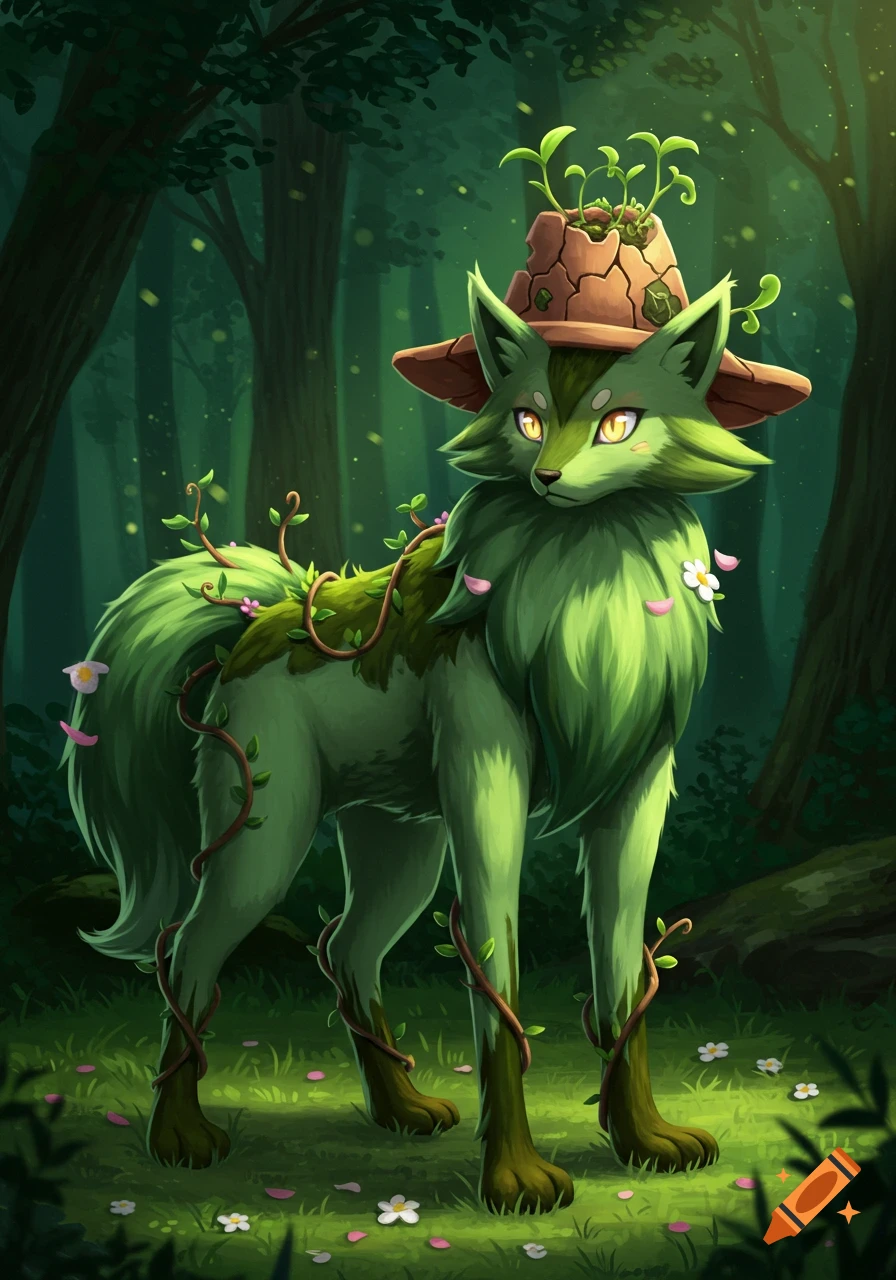 A green, wolf-like Pokémon with a cracked pot hat, vines, and flowers on its fur, standing in a magical forest.