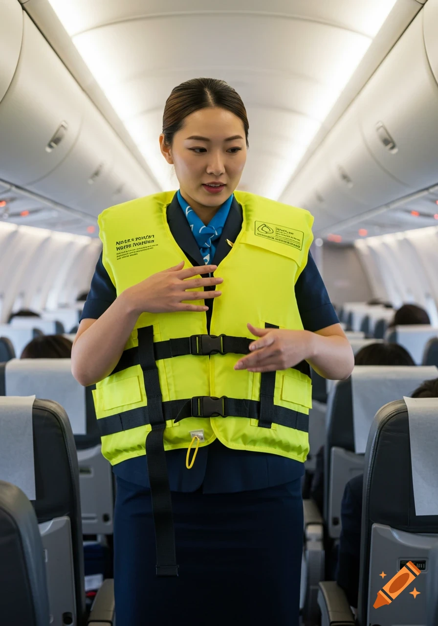 An airline stewardess in uniform demonstrates a yellow life jacket inside an airplane cabin.
