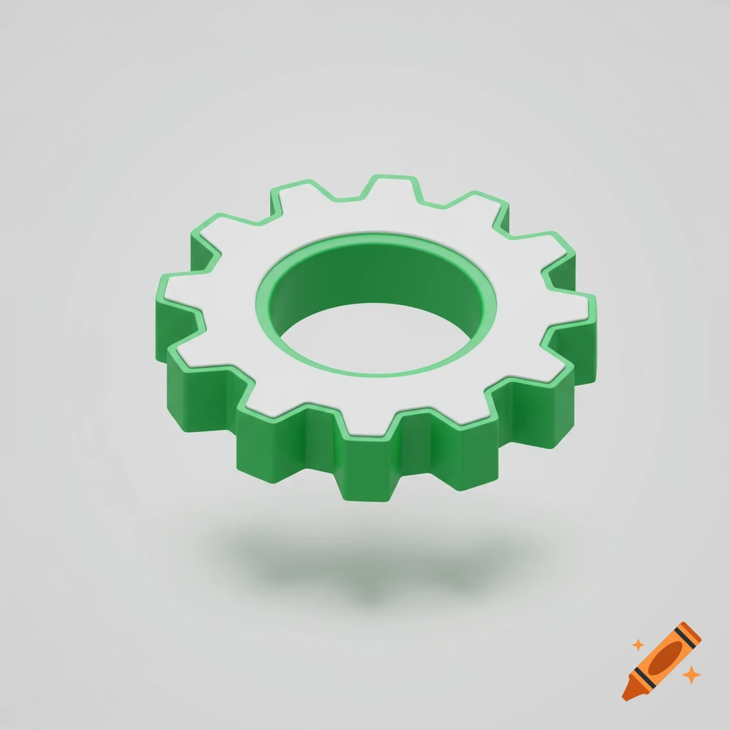 A 3D isometric green and white gear icon floating on a light gray background.