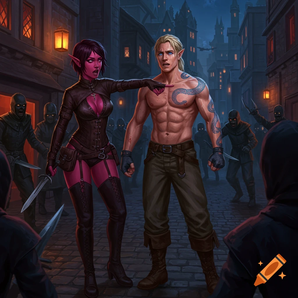 A pink-skinned elf in a corset warns a shirtless, tattooed human about hooded attackers with knives in a dark fantasy city street.