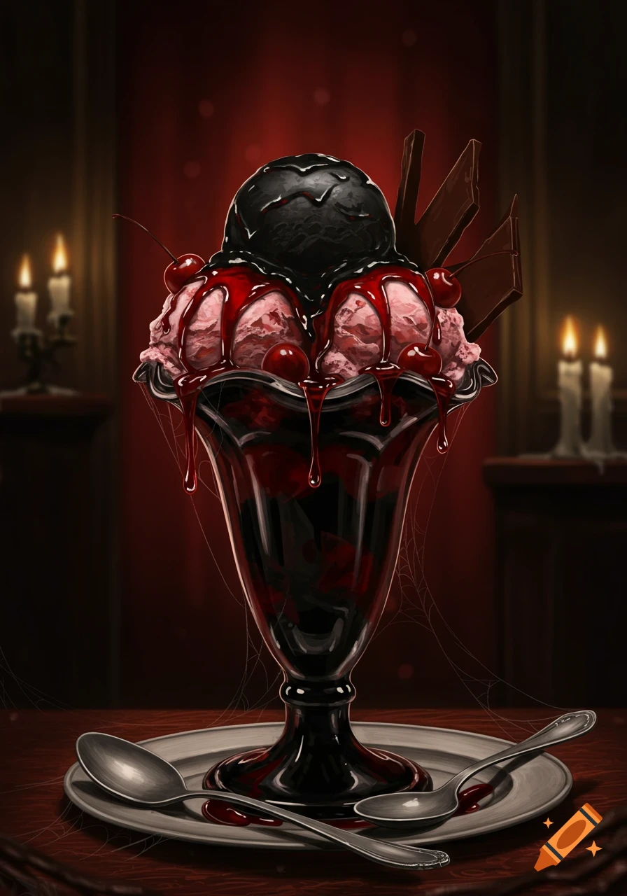Dark gothic ice cream sundae with black and pink scoops, dripping red syrup, cherries, and chocolate shards on a table with spiderwebs and candlelight.