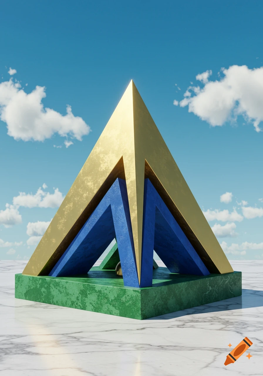 A shiny gold, blue, and green segmented 3D pyramid sits on a white marble surface under a blue sky with white clouds.