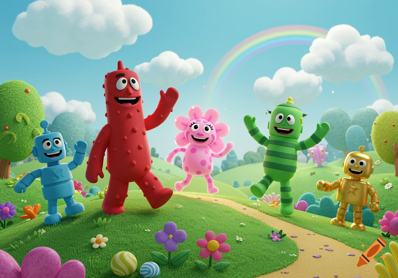 Five colorful 3D animated characters walk happily on a grassy hill under a blue sky with clouds and a rainbow, surrounded by flowers and trees.