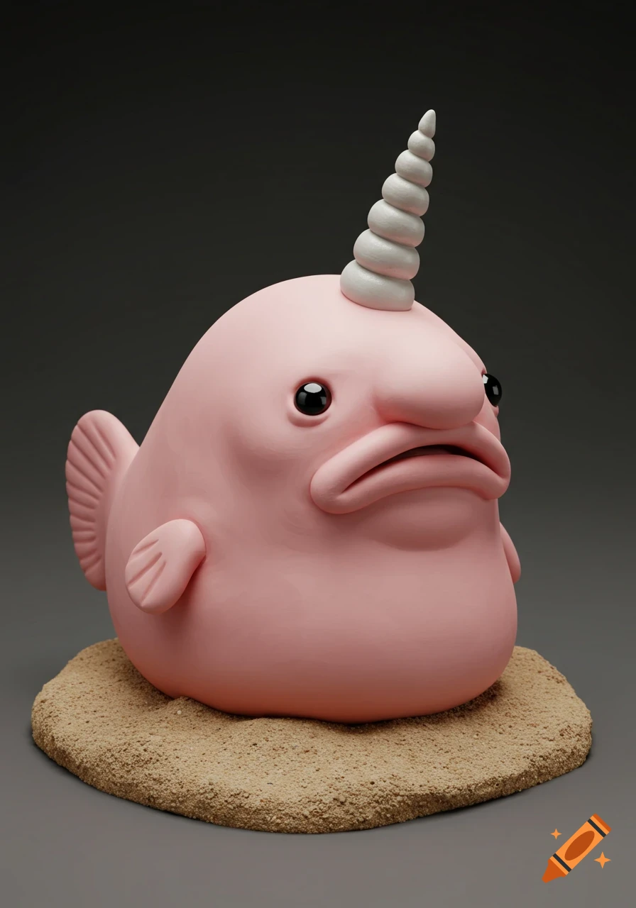 A pink clay blobfish with a white unicorn horn sits on a sandy patch, against a dark background.