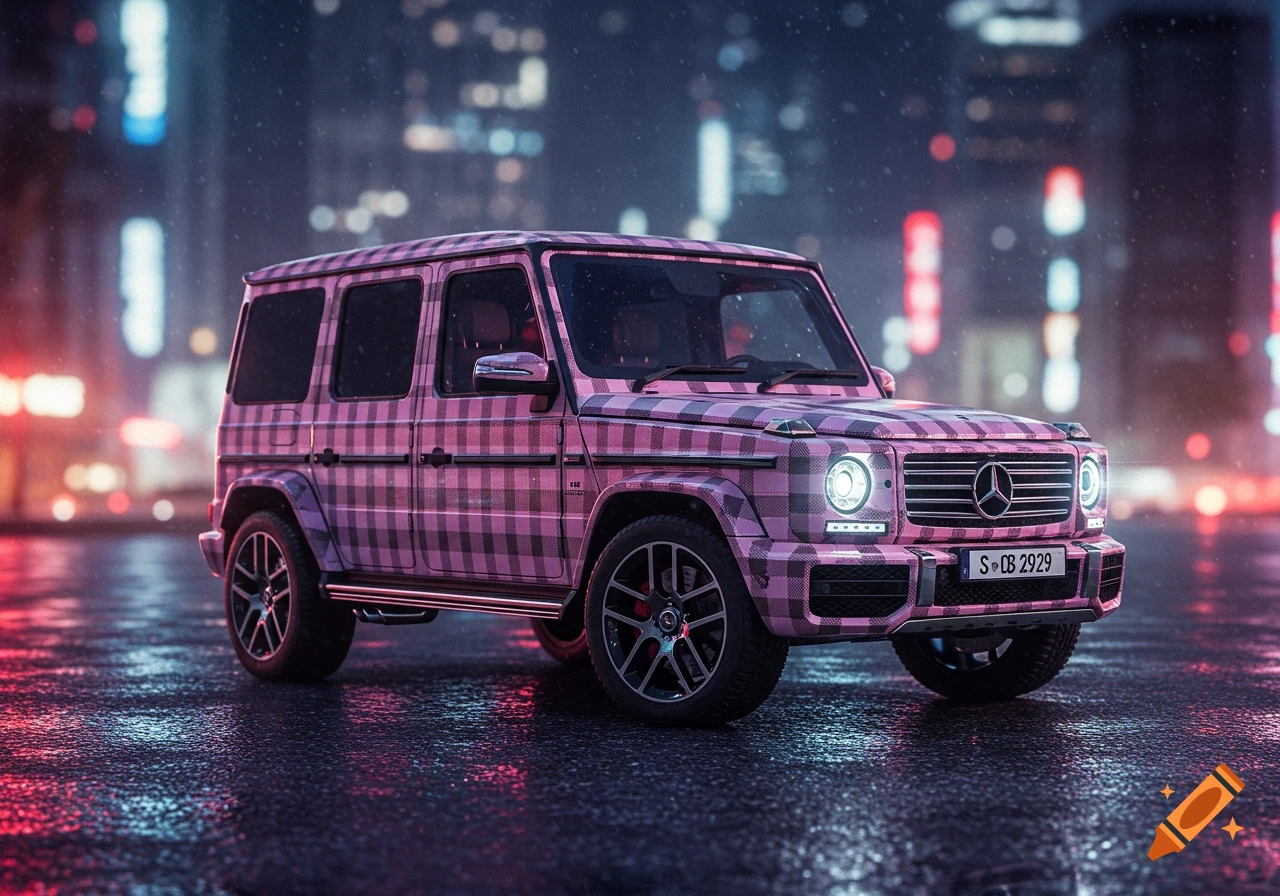 A pink plaid Mercedes G-wagon parked on a wet city street at night, with neon city lights in the blurred background.