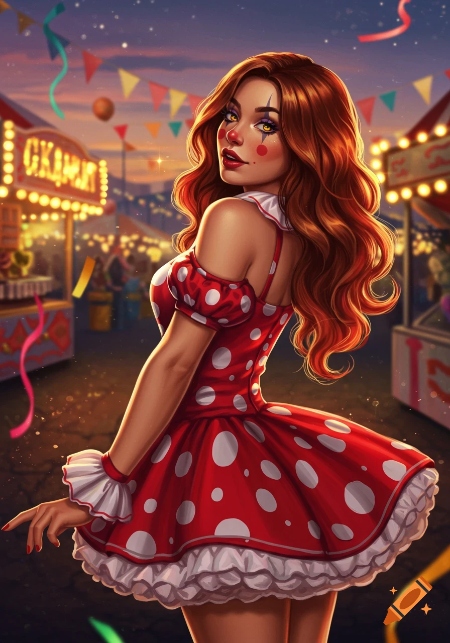 A smiling clown lady with long red hair and makeup wears a frilly red and white polka dot dress at a vibrant carnival at sunset.