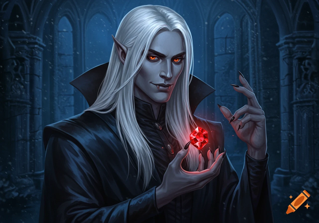 A pale vampire man with amber eyes, silver hair, and fangs, holds a glowing red ruby against a dark, snowy gothic background.