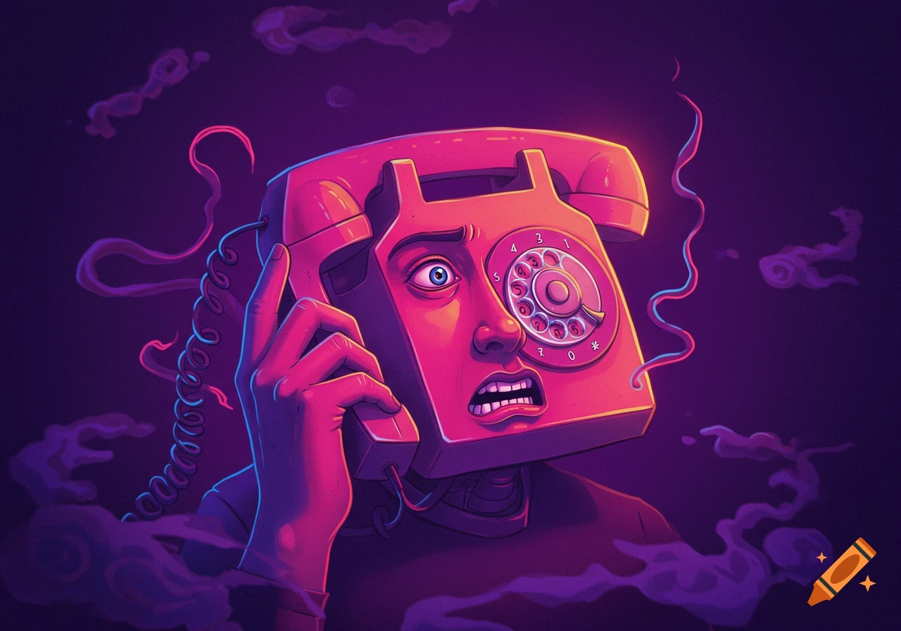 A surreal, neon-lit digital illustration of a person with a retro pink telephone for a head, holding the receiver with a frantic expression.