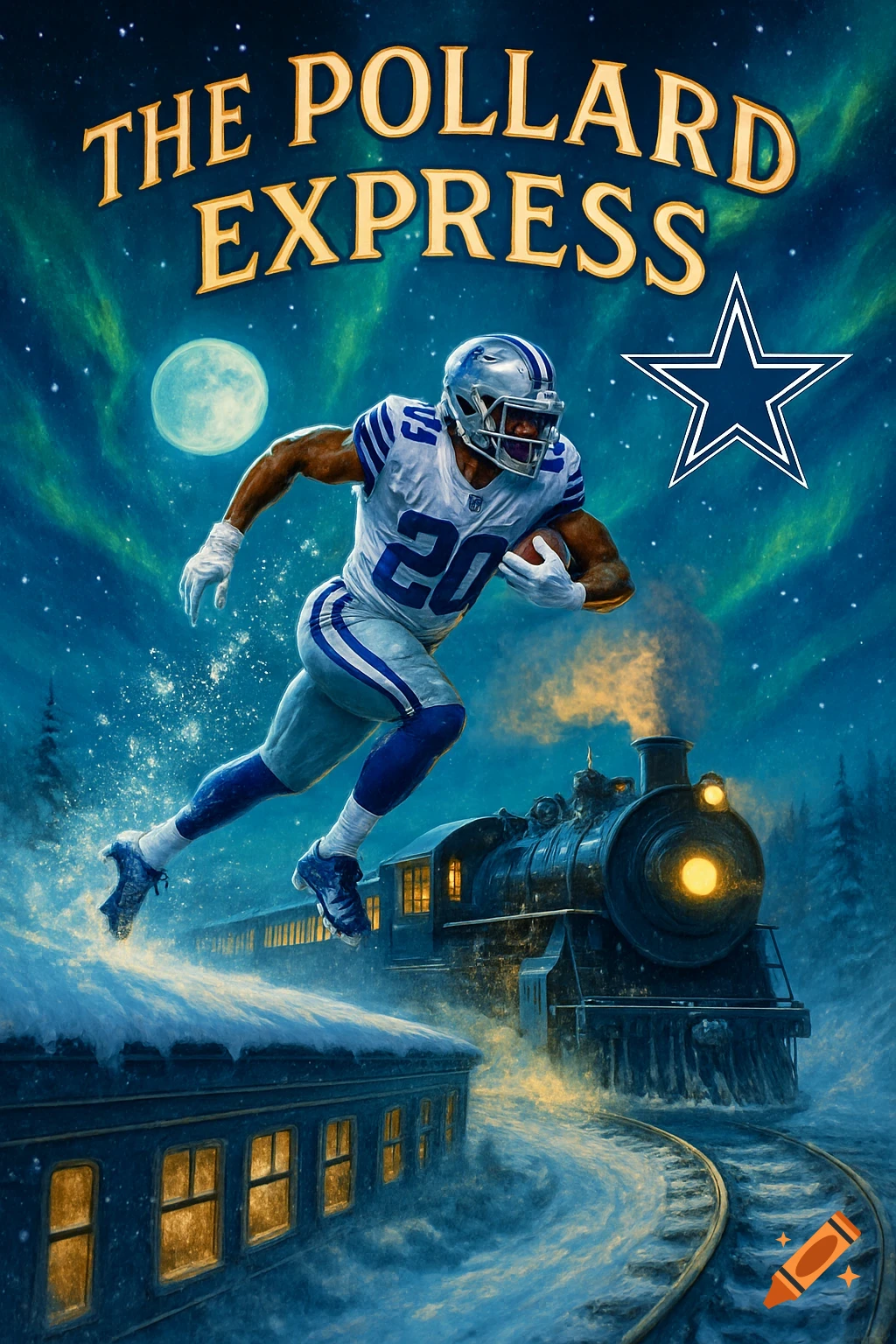Digital art of a football player in a Dallas Cowboys uniform running above a snowy train at night under a starry sky with aurora, text 'The Pollard Express' and a star logo.