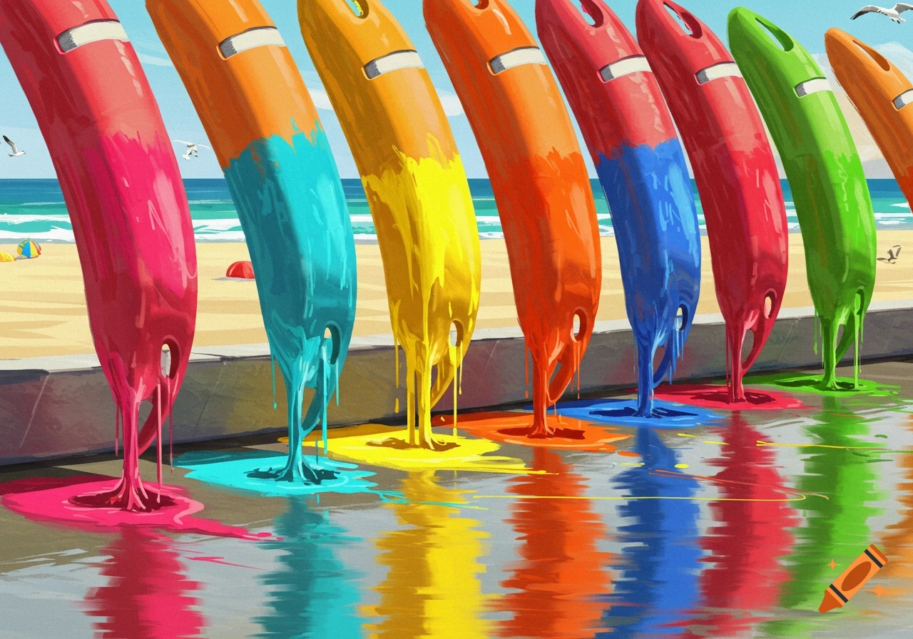 Colorful lifeguard rescue tubes drip paint into reflective water on a sunny beach, with the ocean and birds in the background.