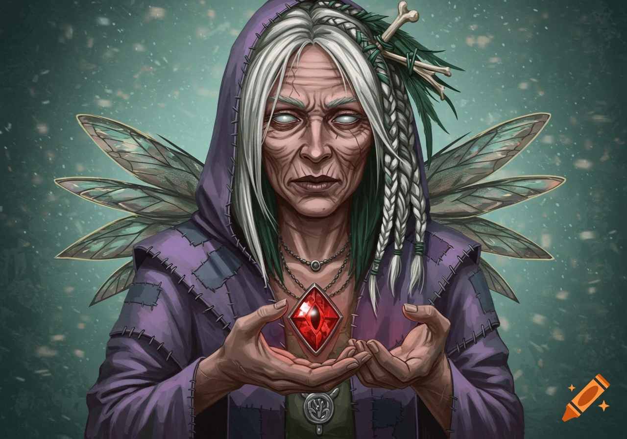 An old, pale-skinned fantasy witch with white braided hair, glowing eyes, moth-like wings, and a patchwork robe, holding a red gem.