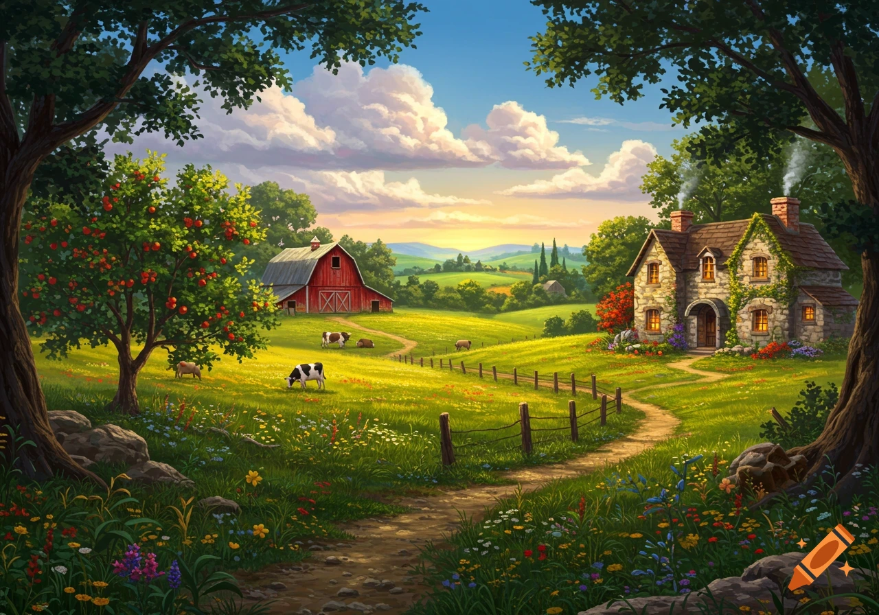 A vibrant, stylized painting of a peaceful rural landscape with a red barn, stone cottage, cows, apple orchard, and meadow.