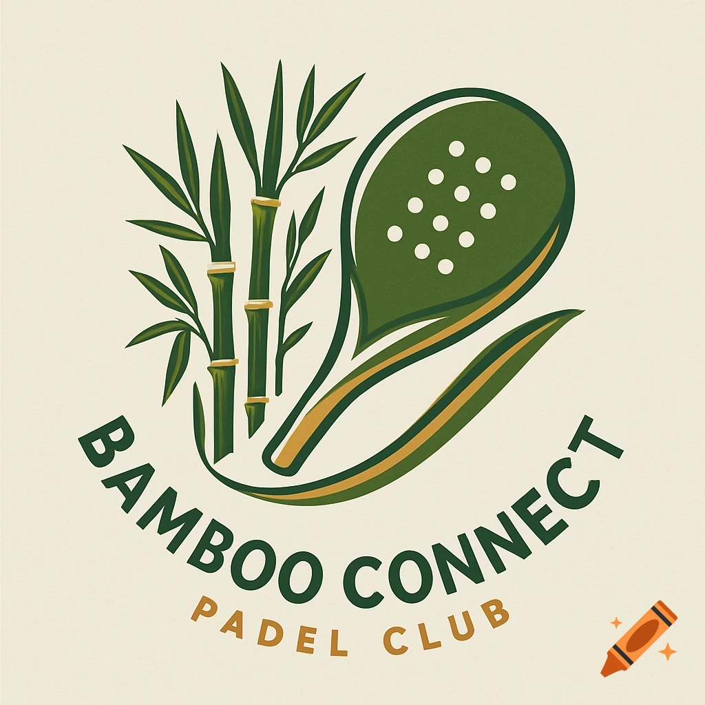 A green and gold logo for 'Bamboo Connect Padel Club' featuring bamboo stalks, leaves, and a padel racket.