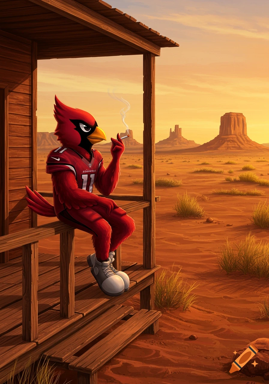 Cartoon Arizona Cardinals mascot smoking a cigarette on a wooden porch in a vast, sunny desert landscape.