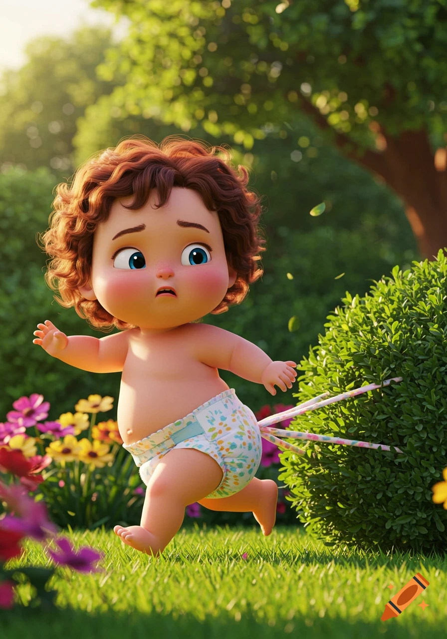 A Pixar-style cartoon baby with brown curly hair and blue eyes, in a diaper, looks surprised while running from a bush with its diaper stuck.