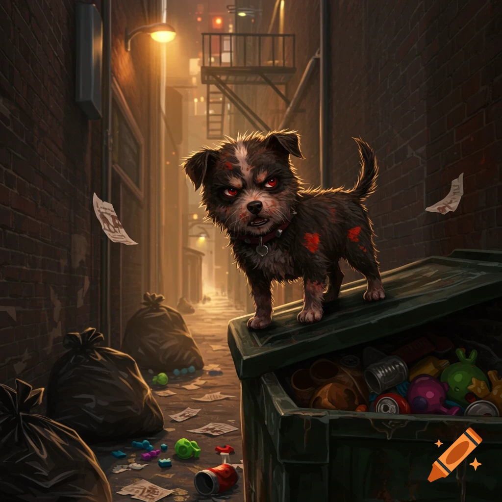 A stylized, scruffy, angry puppy with glowing red eyes and red splatters on its fur stands menacingly on a dumpster in a dark, trash-filled alley.
