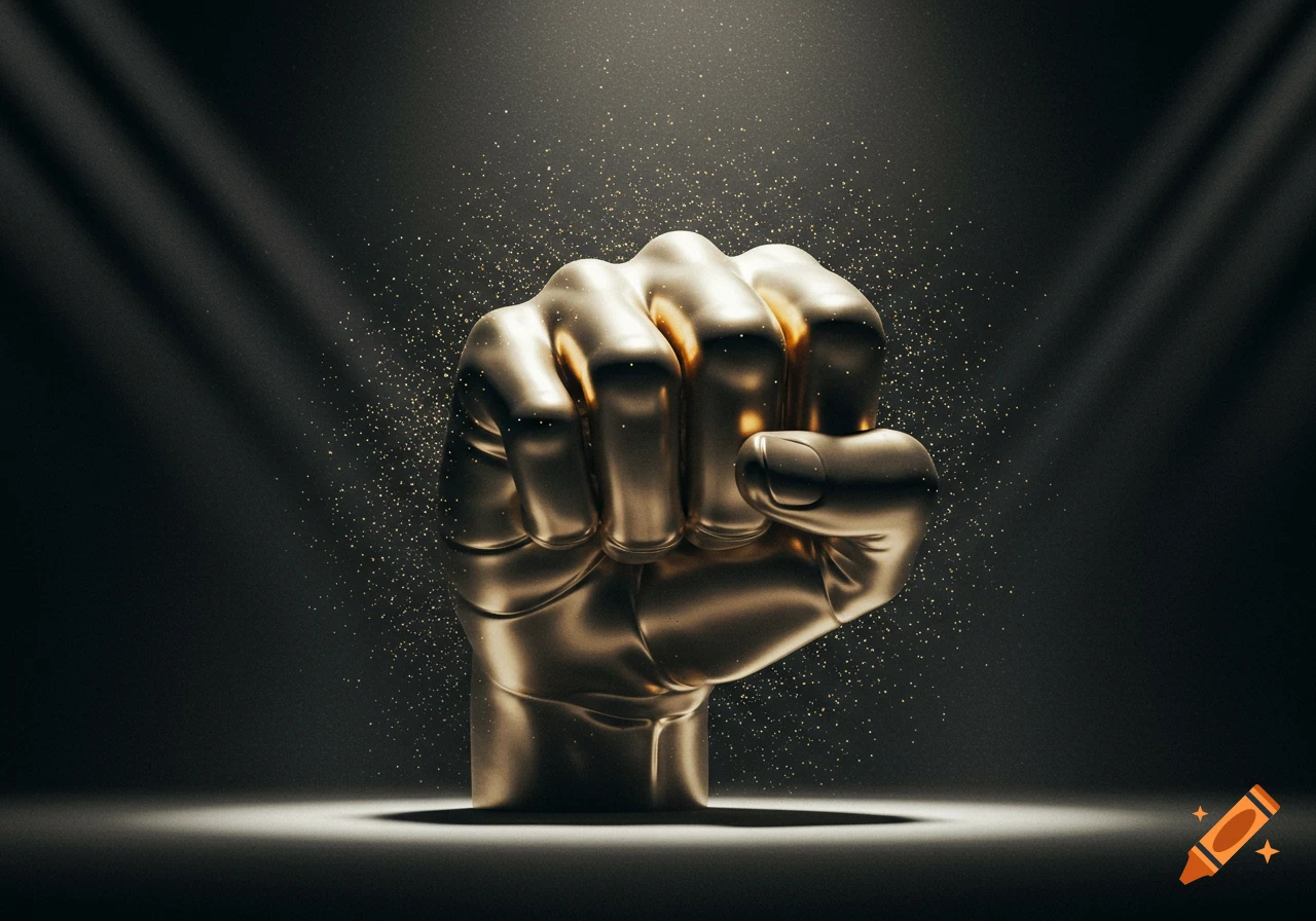 A metallic golden fist is clenched and illuminated by spotlights, with glittering particles against a dark background.