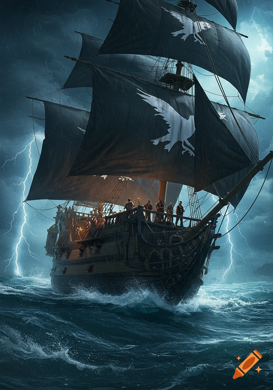 A large pirate ship with black sails featuring white raven symbols sails through a stormy, dark sea with lightning flashes.
