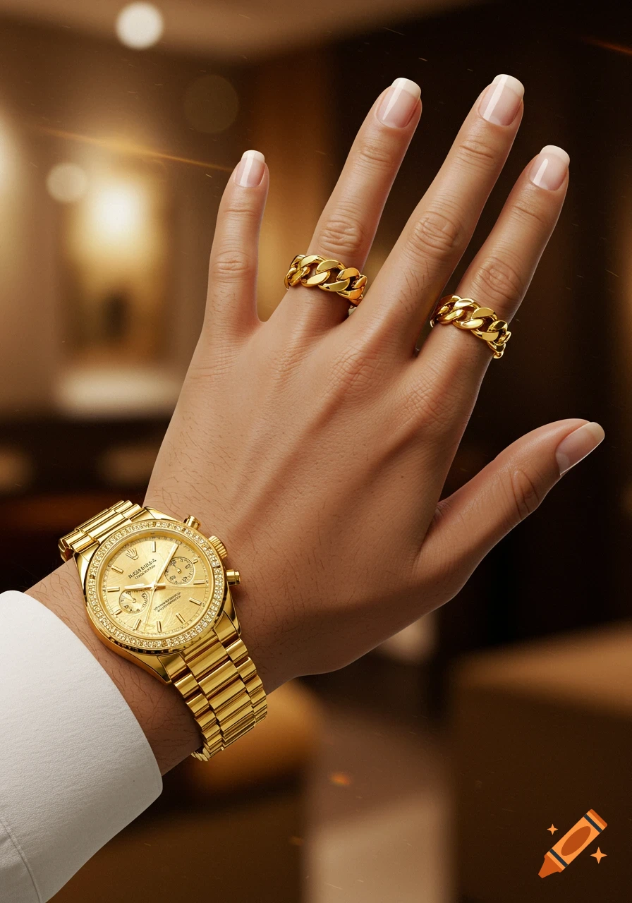 A close-up of a hand wearing a gold watch and two gold cuban link rings. The background is blurred.